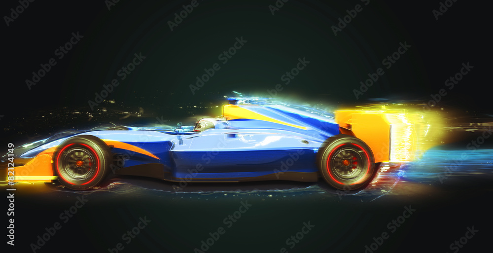 Formula One race car with light trail
