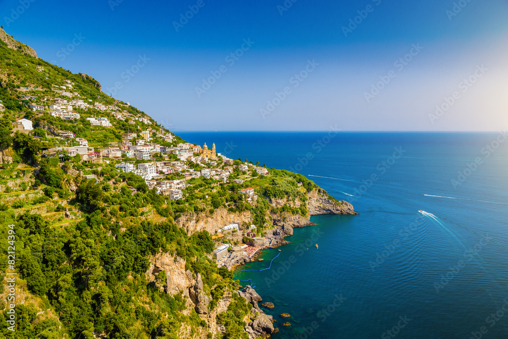 Town of Praiano at Amalfi Coast at sunset, Italy