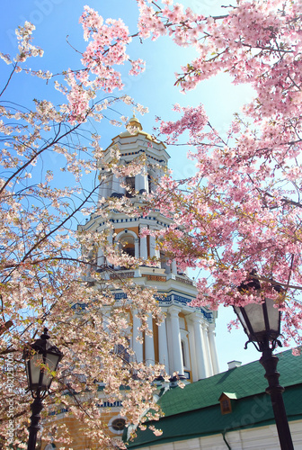 kiev cathedral and sakuras blooing in spring photo