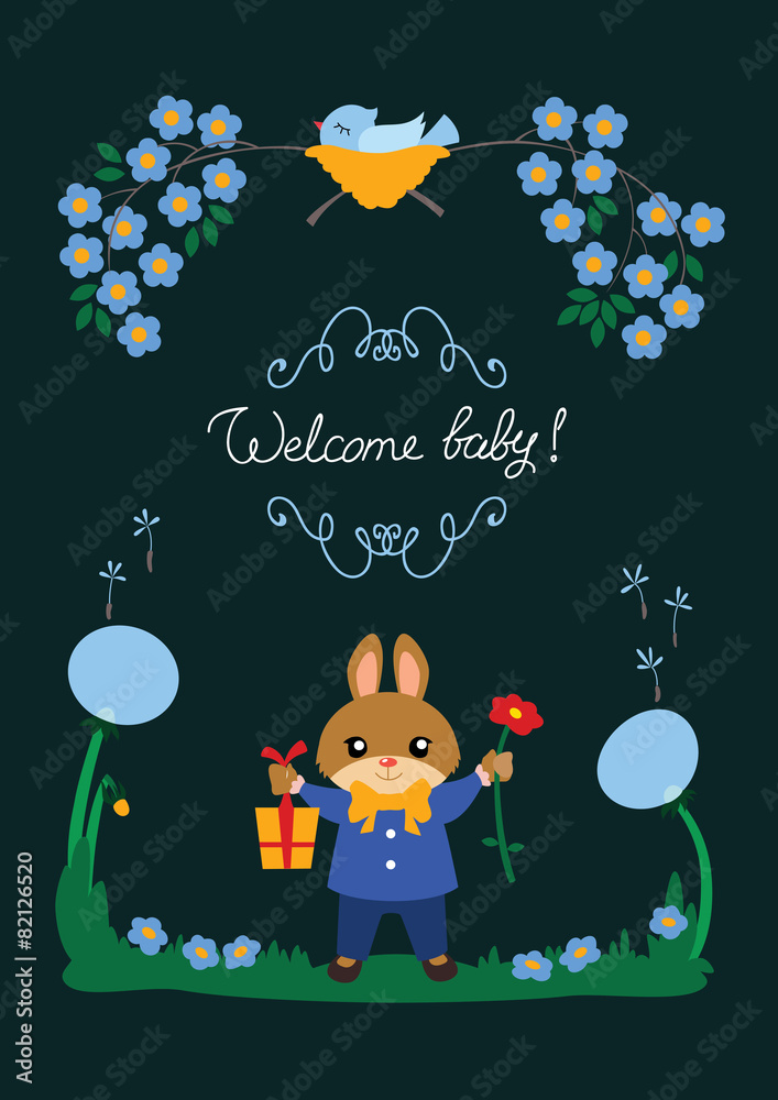 Fototapeta premium New baby announcement card with cute bunny