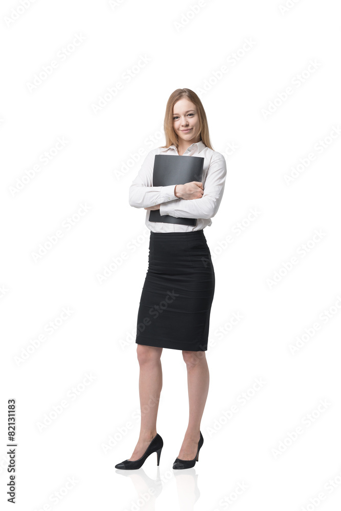 Beautiful young business lady is holding a black folder. Beautiful young business lady is holding a black folder.