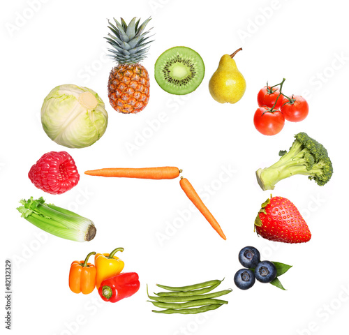 Fototapeta Naklejka Na Ścianę i Meble -  concept fruits and vegetables clock isolated on white background