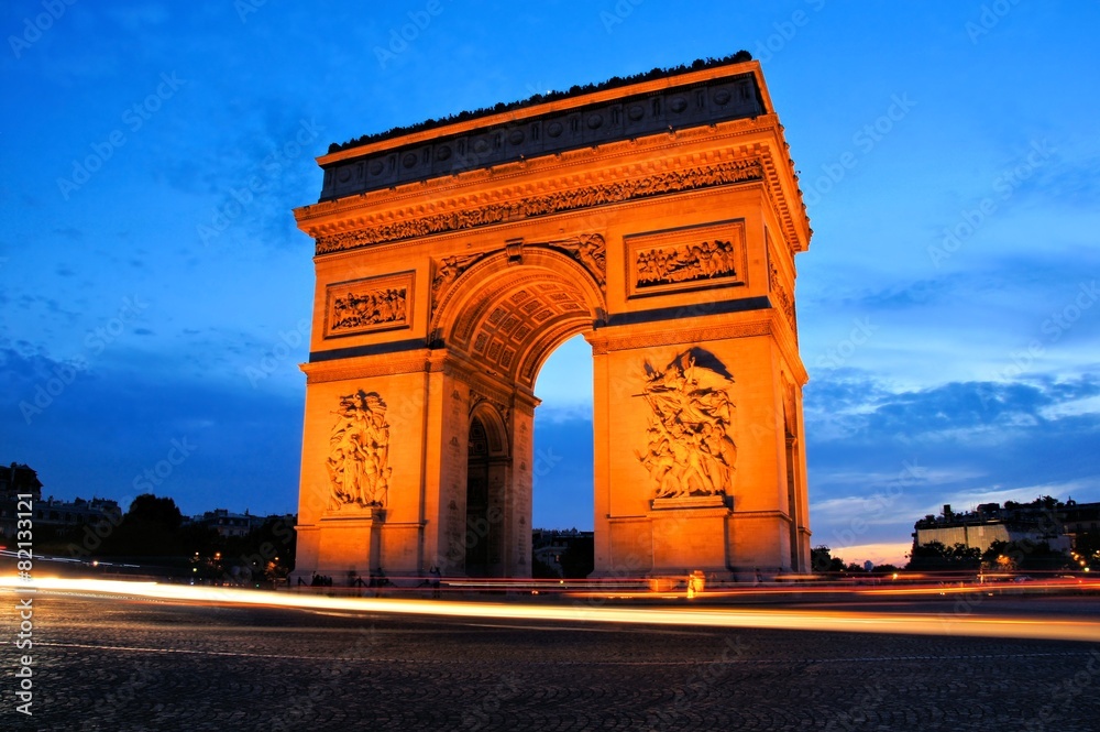 Sunset view of the Arc de Triomphe, Paris, France
