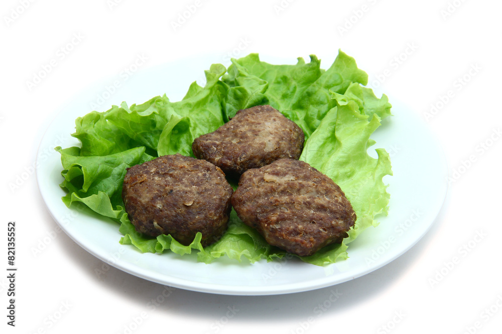 beef Patty with lettuce on white background