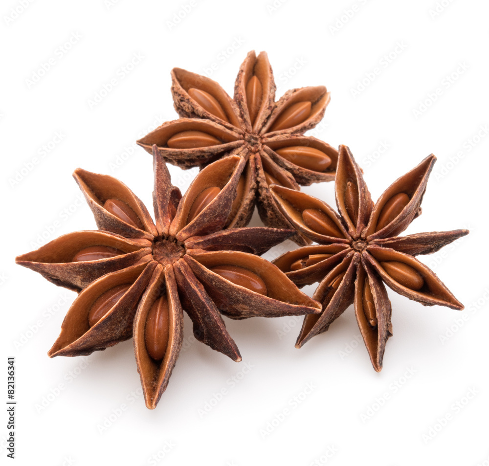 Star anise spice fruits and seeds isolated on white background c Star anise spice fruits and seeds isolated on white background c