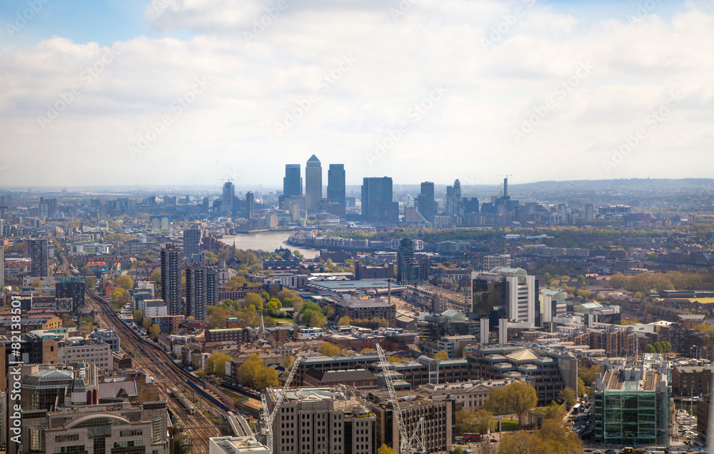 LONDON, UK - APRIL 22, 2015:  City of London and Canary Wharf