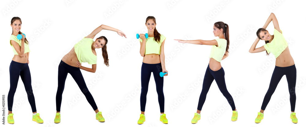 Beautiful young woman doing exercises in collage