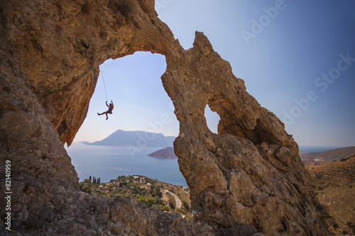 Rock climber falling of a cliff while lead climbing. Kalymnos Island, Greece © Andrey Bandurenko