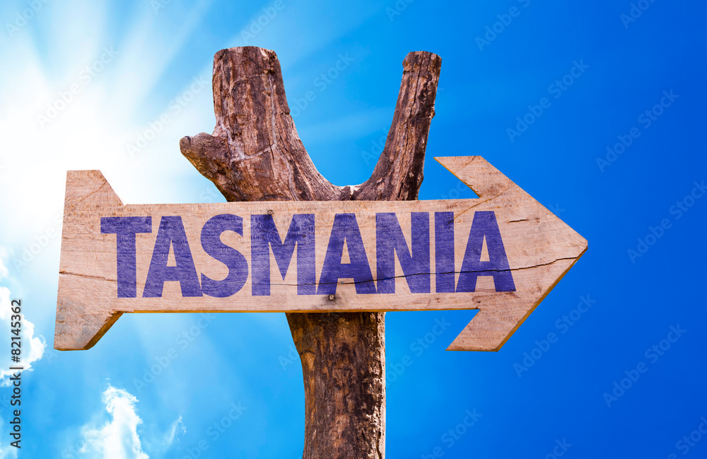 Tasmania wooden sign with sky background