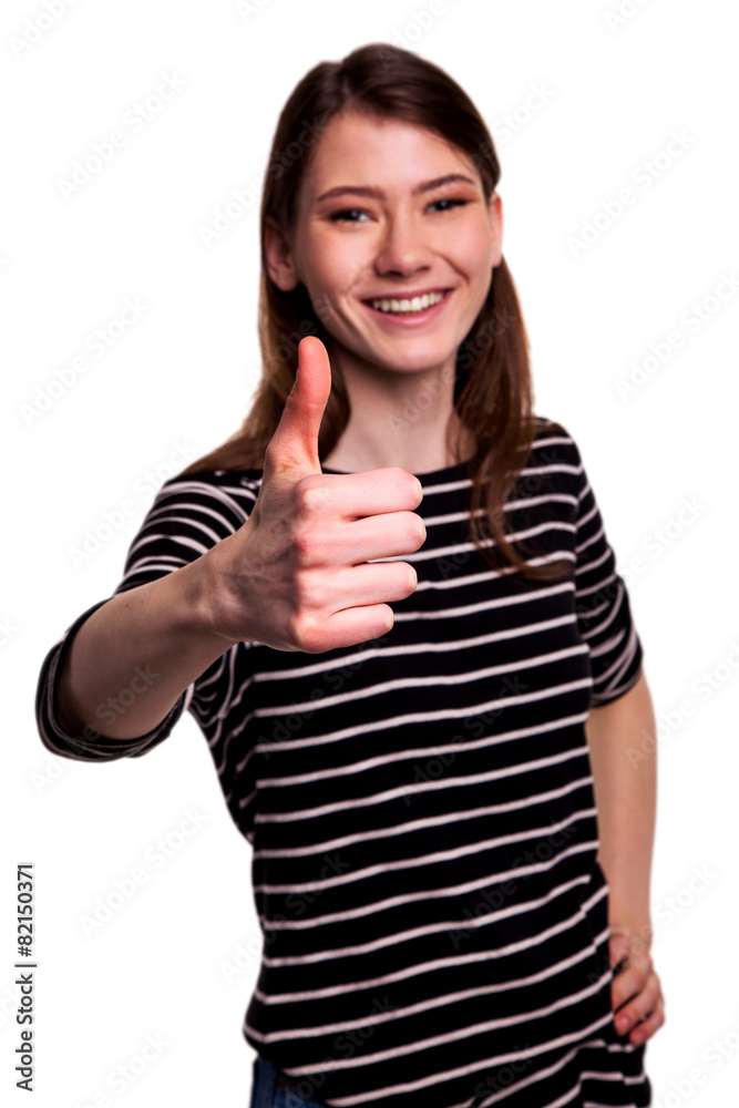 Businesswoman or student showing thumbs up sign stock image Businesswoman or student showing thumbs up sign stock image