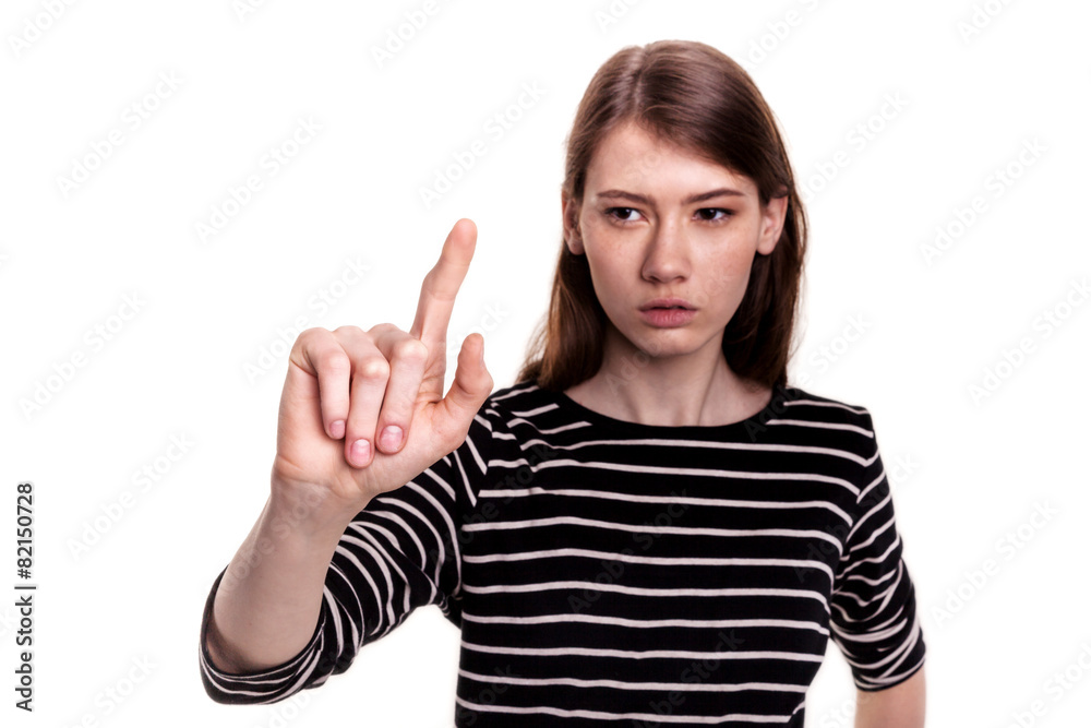 Young Woman Pointing Touching Graph Chart Screen Stock image