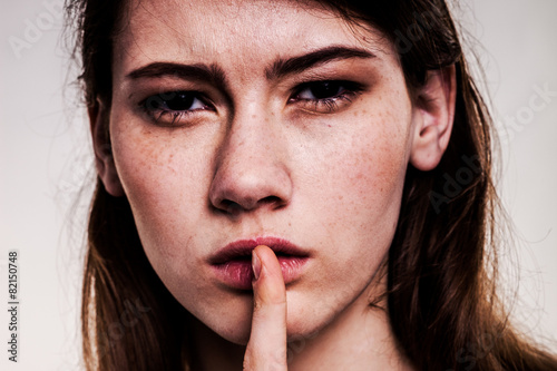Shhhhh Woman! Finger On Lips. Silent - Silence Stock Image