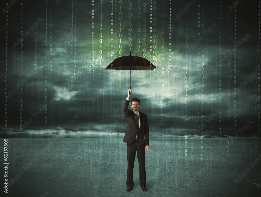Business man standing with umbrella data protection concept