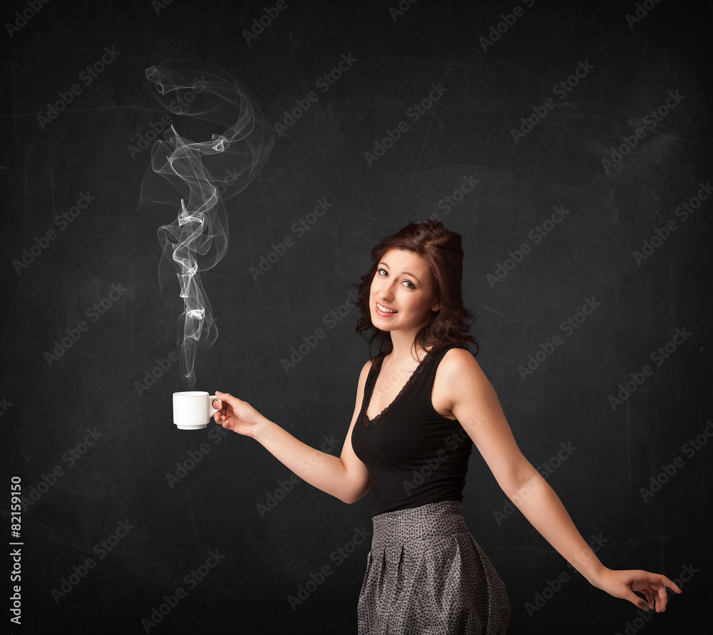 Businesswoman holding a white steamy cup