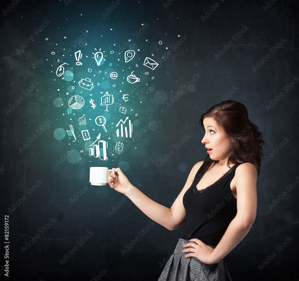 Businesswoman holding a white cup with business icons Businesswoman holding a white cup with business icons