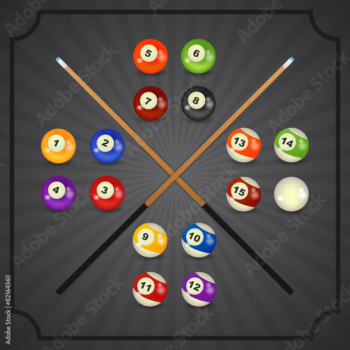set of billiard balls, billiards, American with cue