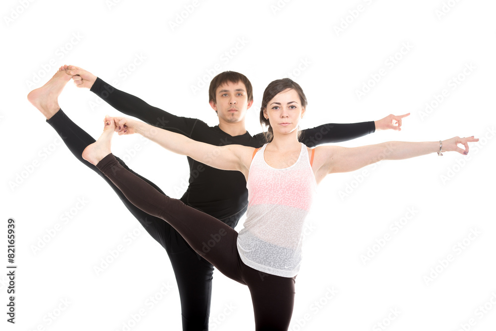 Utthita Hasta Padangushthasana yoga pose with partner, close-up