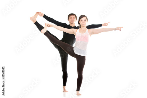Extended Hand-To-Big-Toe yoga pose with partner