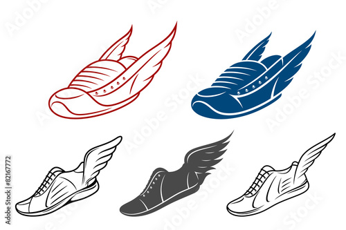 Running winged shoe icons, sneaker or sports shoe with wings