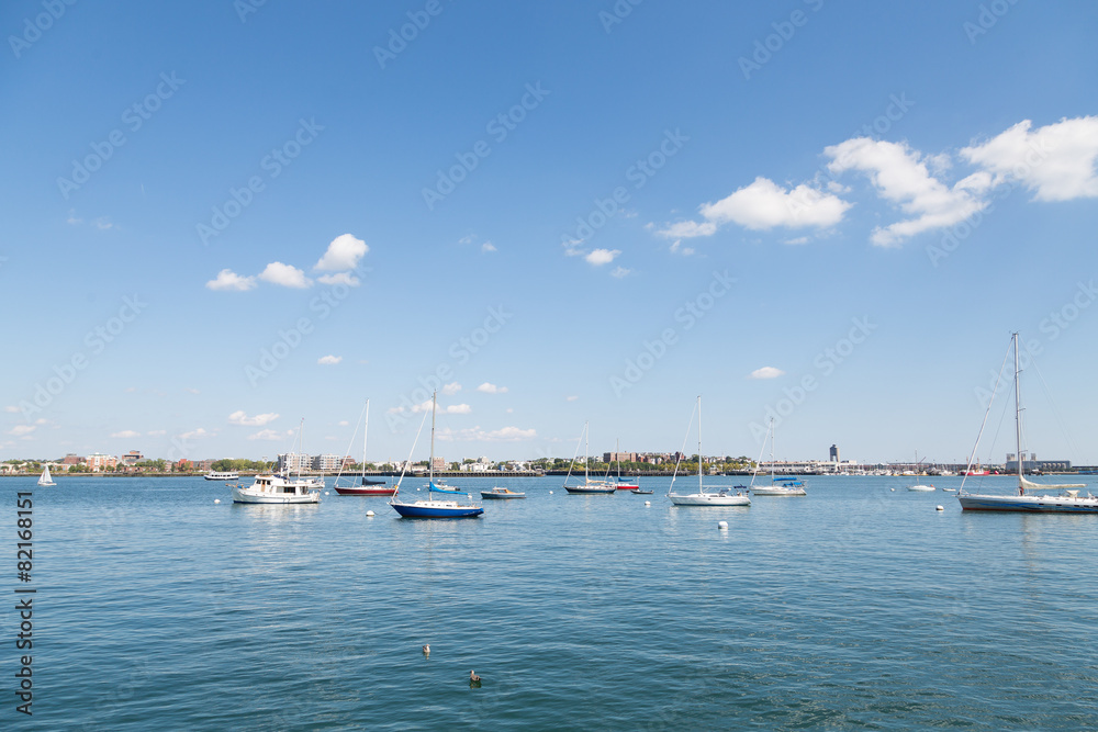 Red White and Blue Sailboats in Boston Harbor