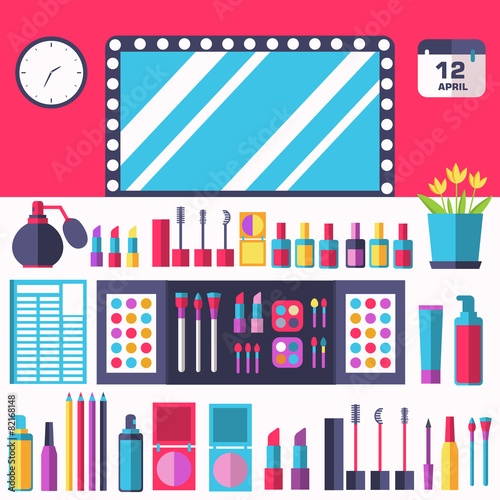 Flat women makeup cosmetics lying on the table with a mirror