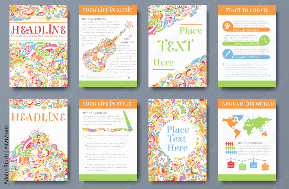 Set of bright ornament abstract flyer with infographic elements