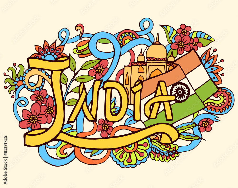 India art abstract hand lettering and doodles elements