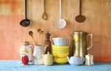 collection of vintage dishes and kitchen utensils