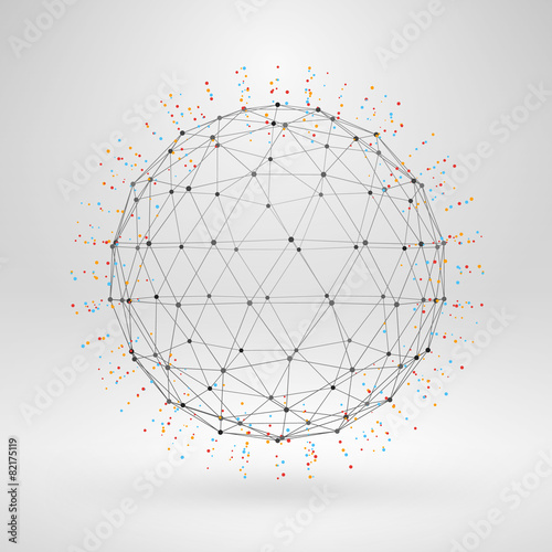 Wireframe polygonal element. 3D sphere with lines and dots