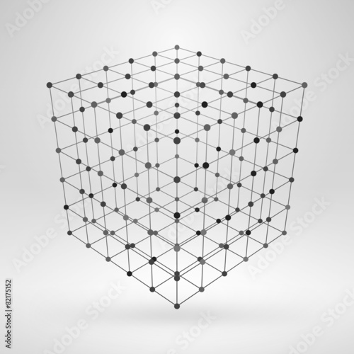 Wireframe polygonal element. 3D cube with lines and dots