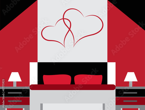 Black, red, white modern romantic bedroom flat design