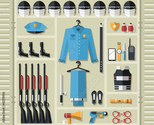 police uniform and set protection staff equipment in the closet