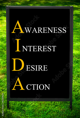 Business Acronym AIDA as AWARENESS INTEREST DESIRE ACTION