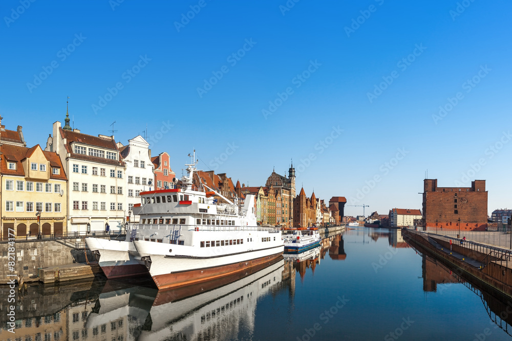 View of the riverside by the Motlawa river in Gdansk, Poland.