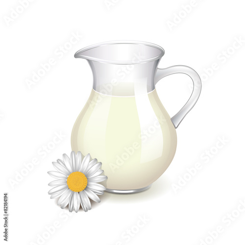 Glass jug with milk and chamomile isolated vector