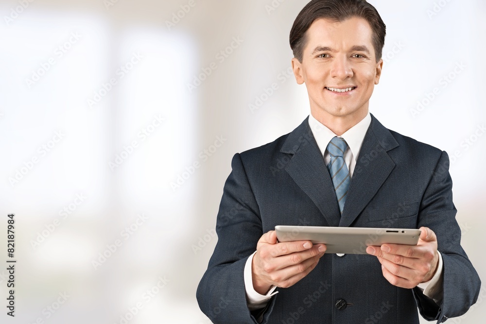 Social. Businessman hold tablet with growth chart Social. Businessman hold tablet with growth chart