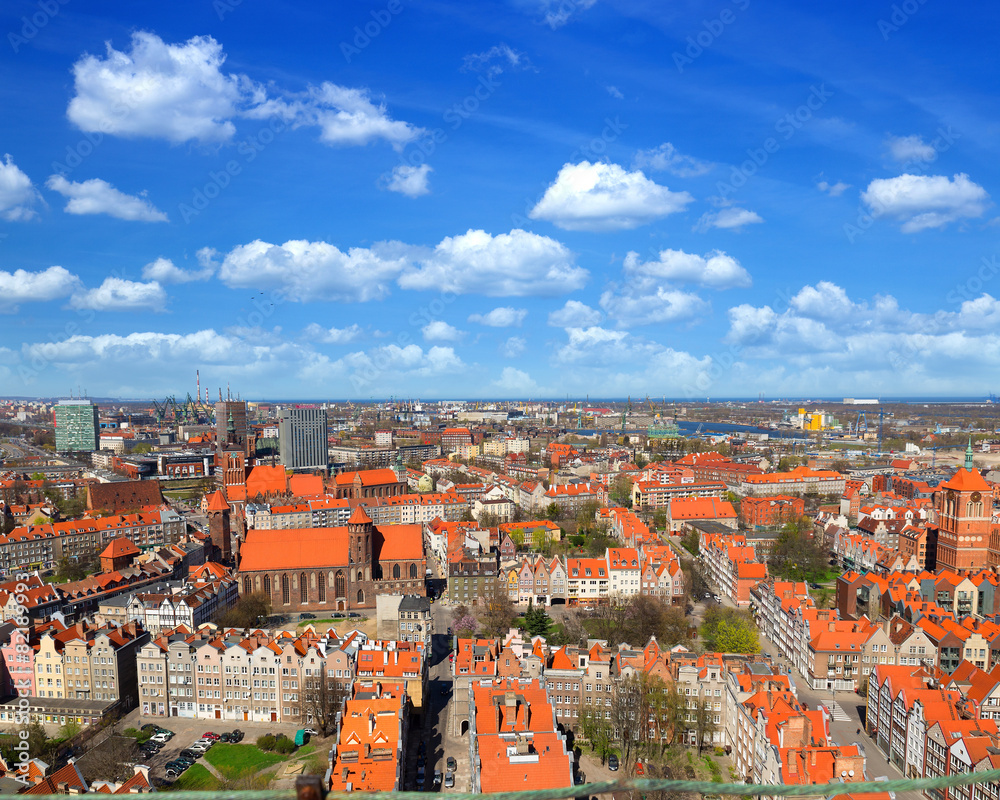 Gdansk panorama, aerial view from cathedral tower, Poland