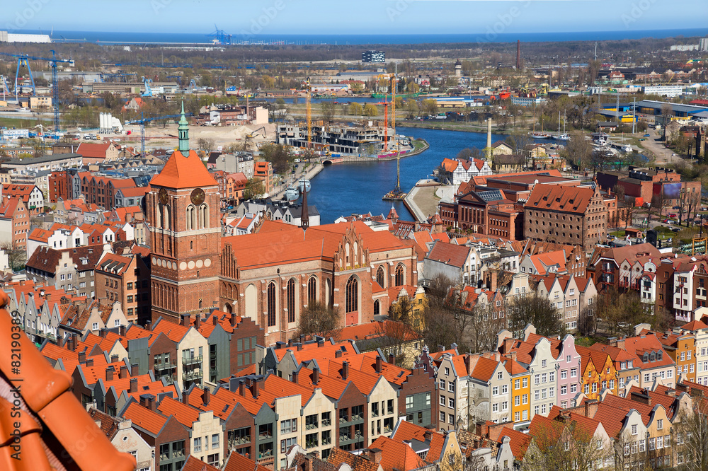 Fototapeta premium Old Town in Gdansk, aerial view from cathedral tower, Poland