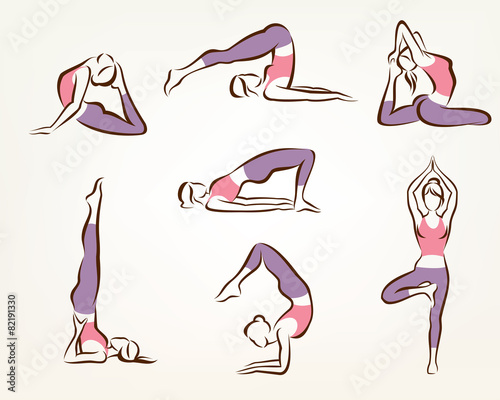 set of yoga and pilates poses , stylized vector symbols, health
