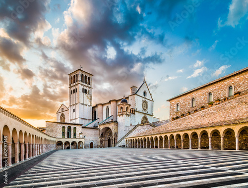 Basilica of St. Francis of Assisi at sunset, Assisi, Italy
