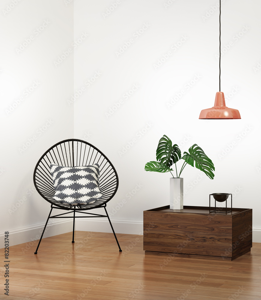 Boho interior with wired chair and low table - obrazy, fototapety, plakaty 