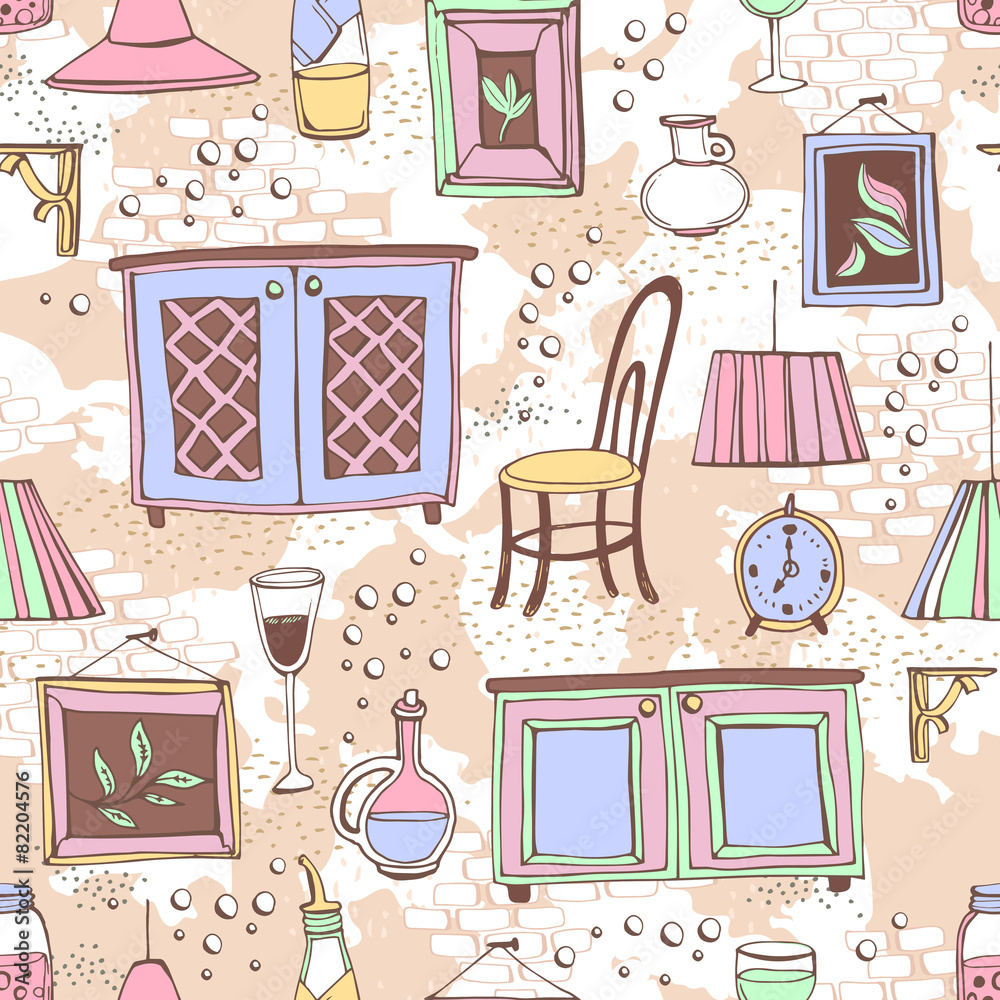 Seamless pattern of European cafe or restaurant.