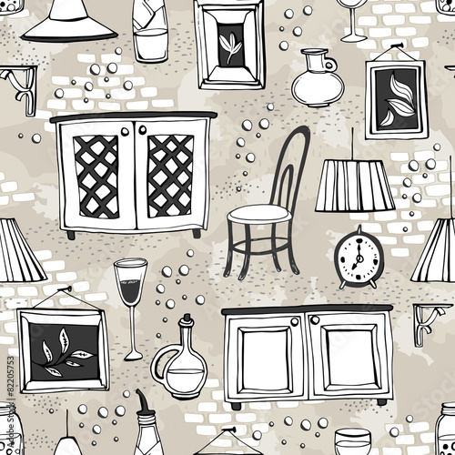 Seamless pattern of European cafe or restaurant.