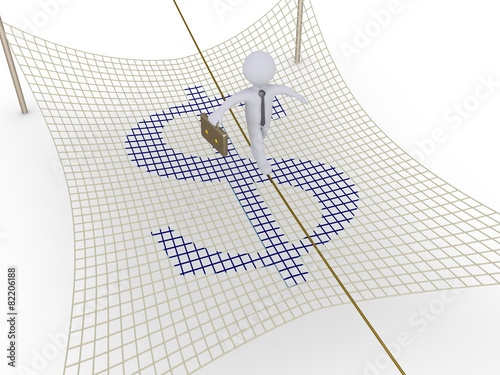 Businessman walking on tightrope with safety