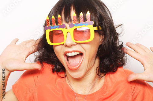 happy woman with big orange sunglasses