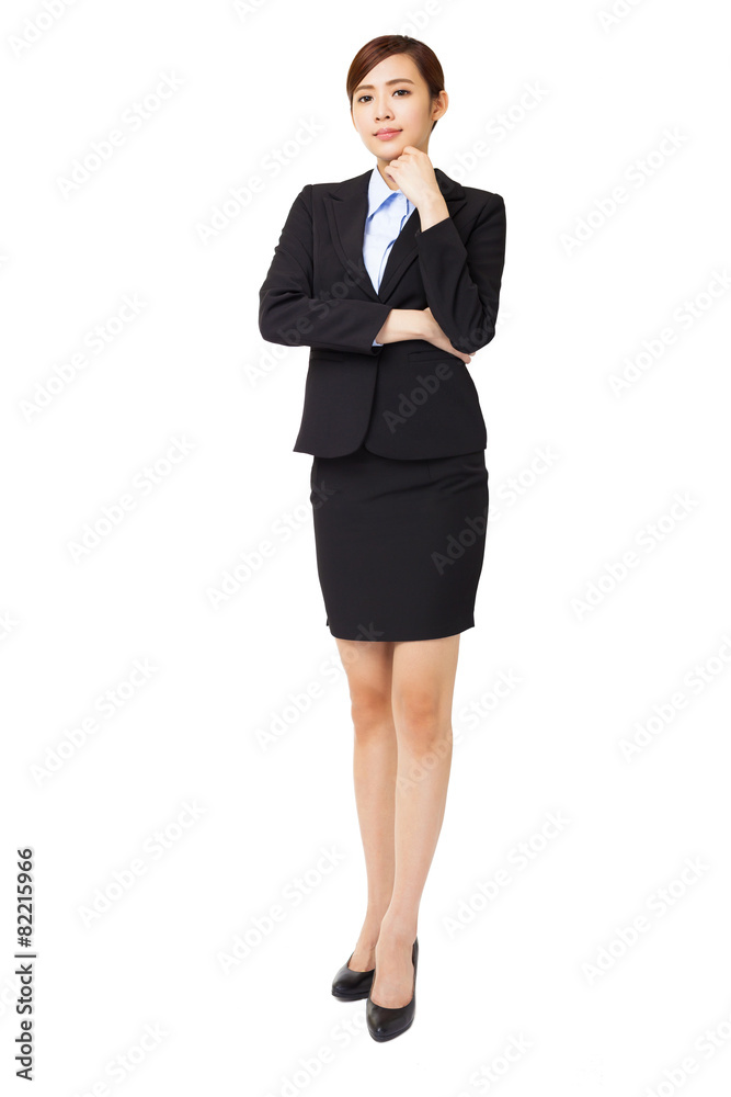 full length young businesswoman with thinking gesture full length young businesswoman with thinking gesture