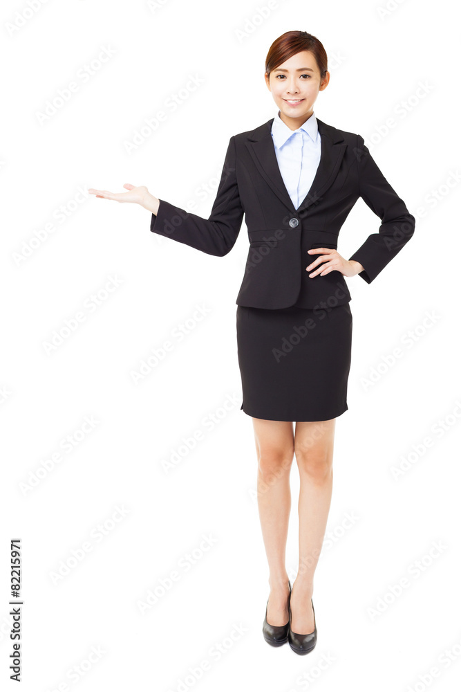 full length young businesswoman with showing gesture full length young businesswoman with showing gesture