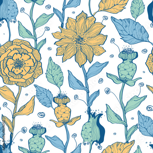 Vector whimsical flower garden seamless pattern background