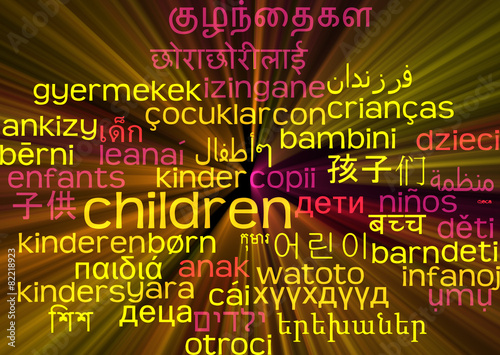Children multilanguage wordcloud background concept glowing