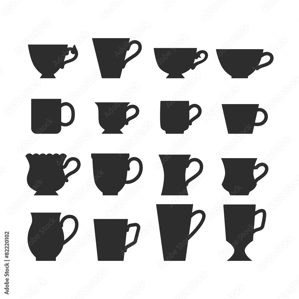 Set of mugs, black silhouettes of dishes